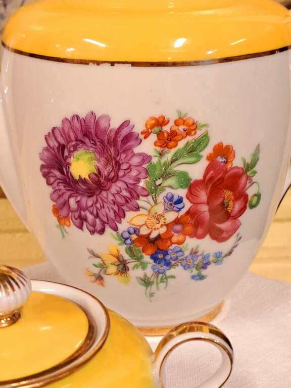 Bavarian porcelain coffee service with Meissen flower decal. German porcelain, decorated in Denmark. 1920