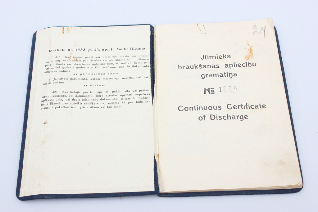 Seaman's driving license, booklet