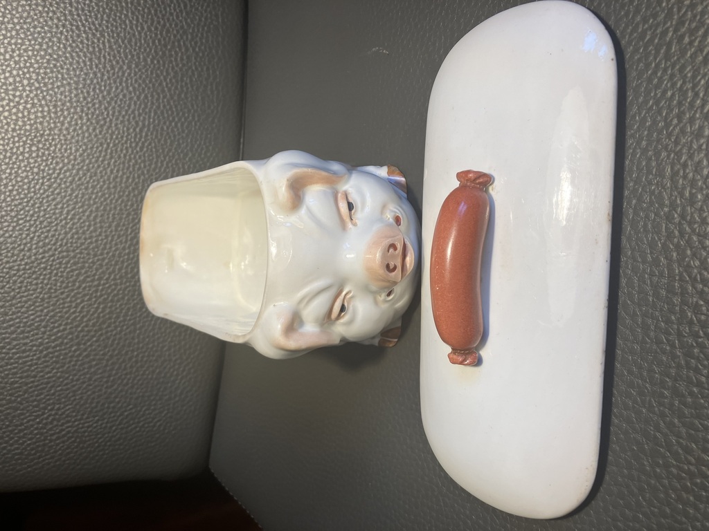 antique faience dish pig and sausage