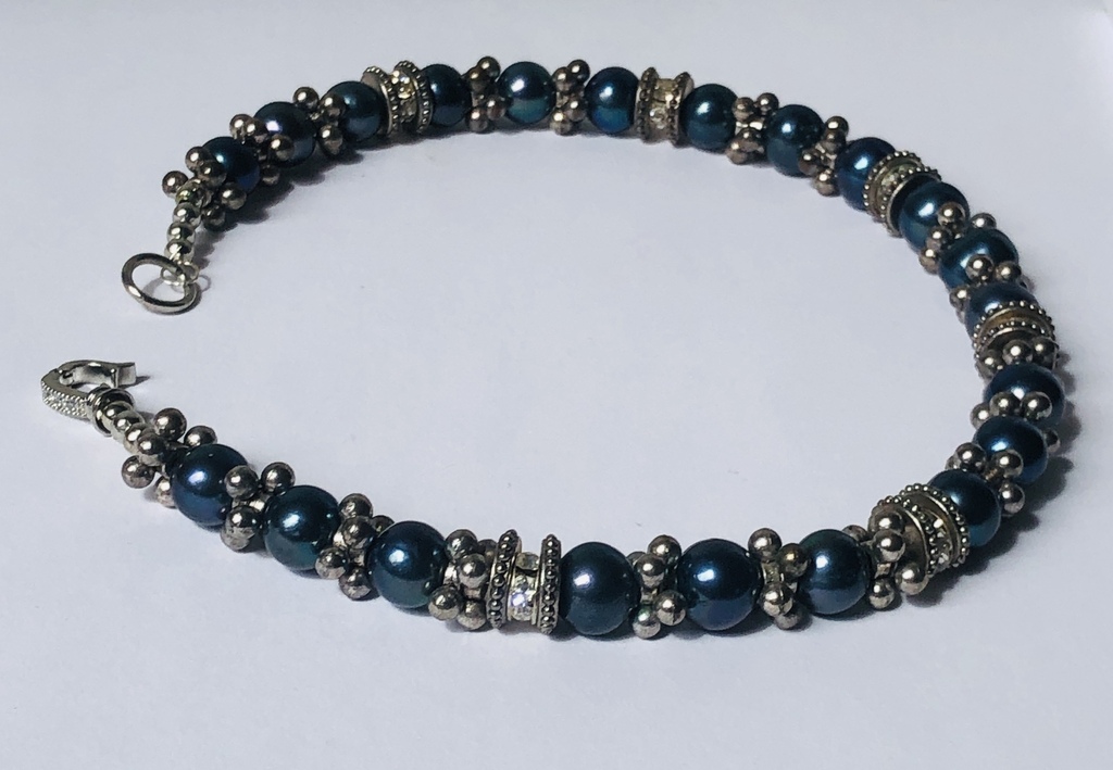 Large size blue freshwater pearl necklace with various metal and zirconia elements