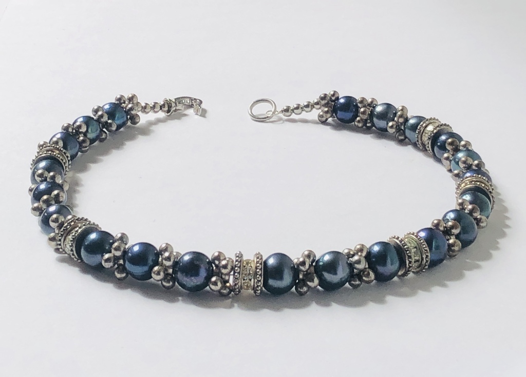 Large size blue freshwater pearl necklace with various metal and zirconia elements