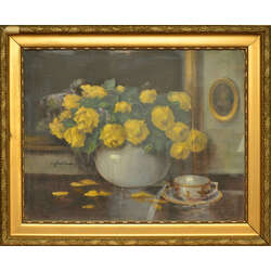 Still life with yellow roses and a porcelain cup