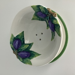 Rare serving item Plate-colander for drying fruits. PLUMS. Italy. Last century.