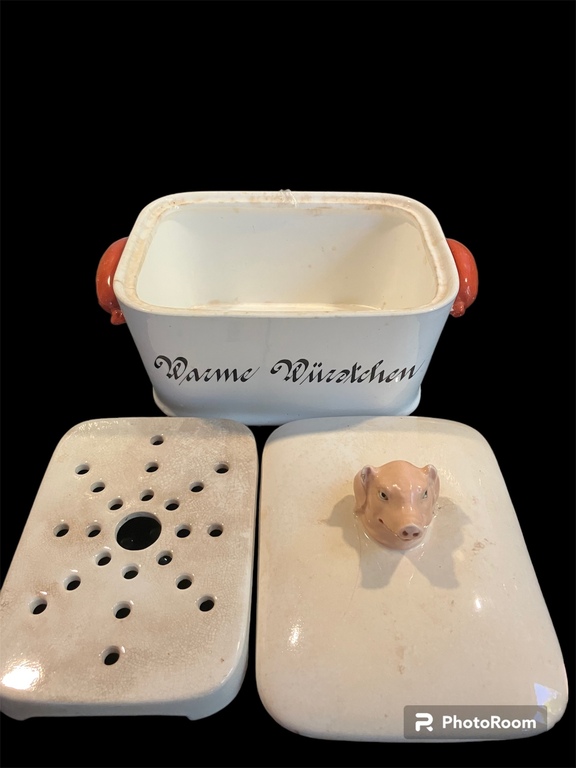 старинная глиняная посуда для колбас Свинья и сосиски - горячие сосиски Германия Max Roessler