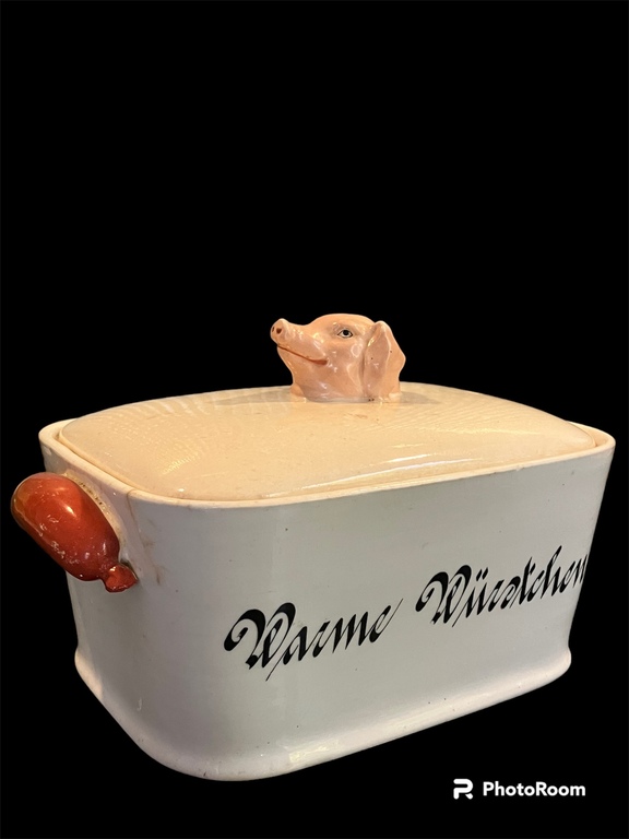 старинная глиняная посуда для колбас Свинья и сосиски - горячие сосиски Германия Max Roessler