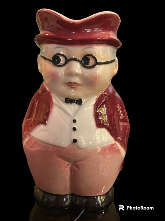 rare painted porcelain can bespectacled man in burgundy jacket pink pants Goebel Germany