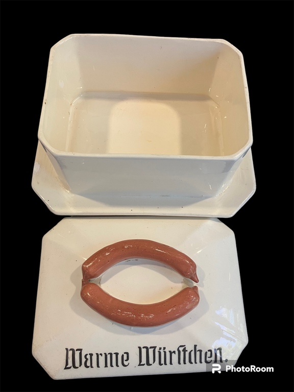antique earthenware sausage dish - terrine with a hot sausage motif - double sausage