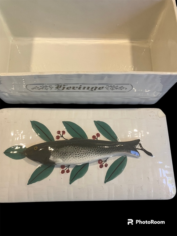 antique larger size faience fish dish terrine with lid Herring