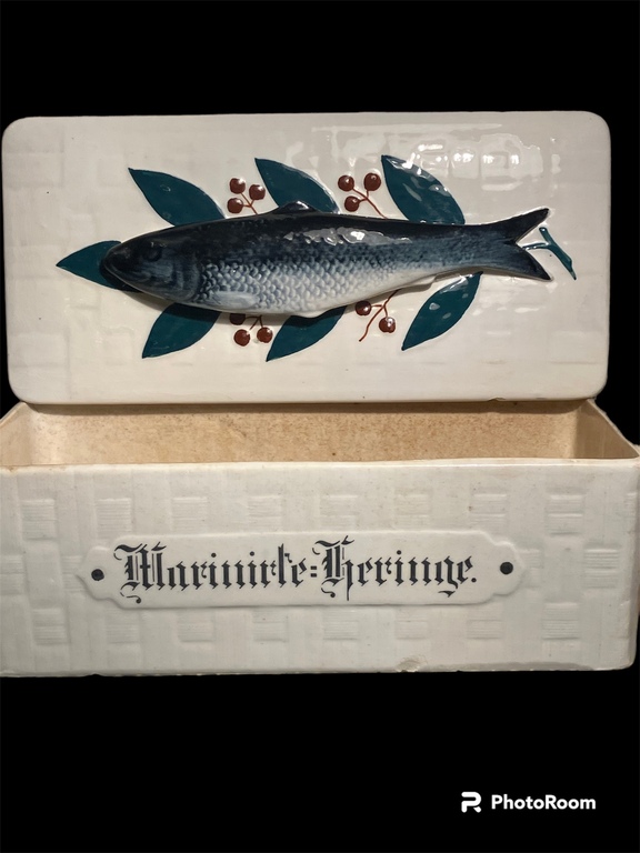 antique art deco faience fish dish - terrine MARINED HERRING with lid