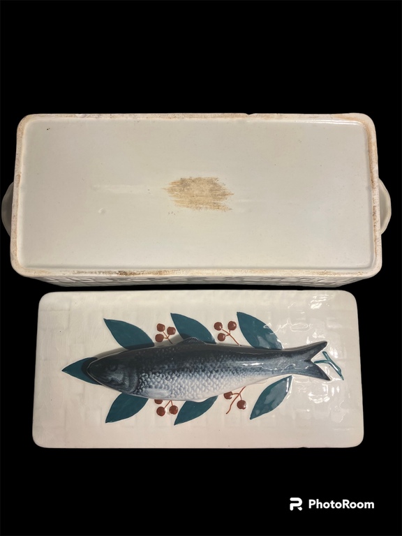 antique art deco faience fish dish - terrine MARINED HERRING with lid