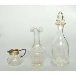 3 glass items - carafe, vase, cup with metal finish