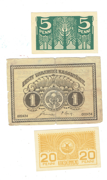 3 banknotes of the Republic of Estonia - 1 mark, 20 pennies, 5 pennies