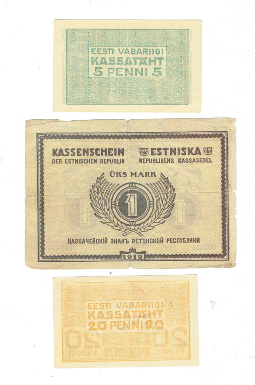 3 Igaunijas Republikas banknotes - 1 marka, 20 peniji, 5 peniji