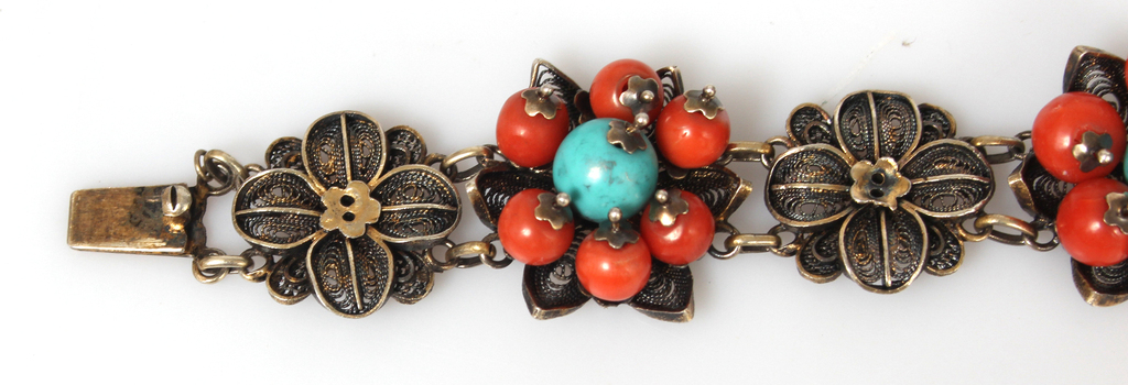 Silver bracelet with turquoise and coral