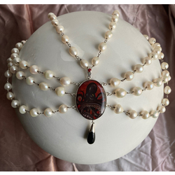 Four Row River Pearl Necklace ''Octopus'' Red Sapphire and Black Onyx 