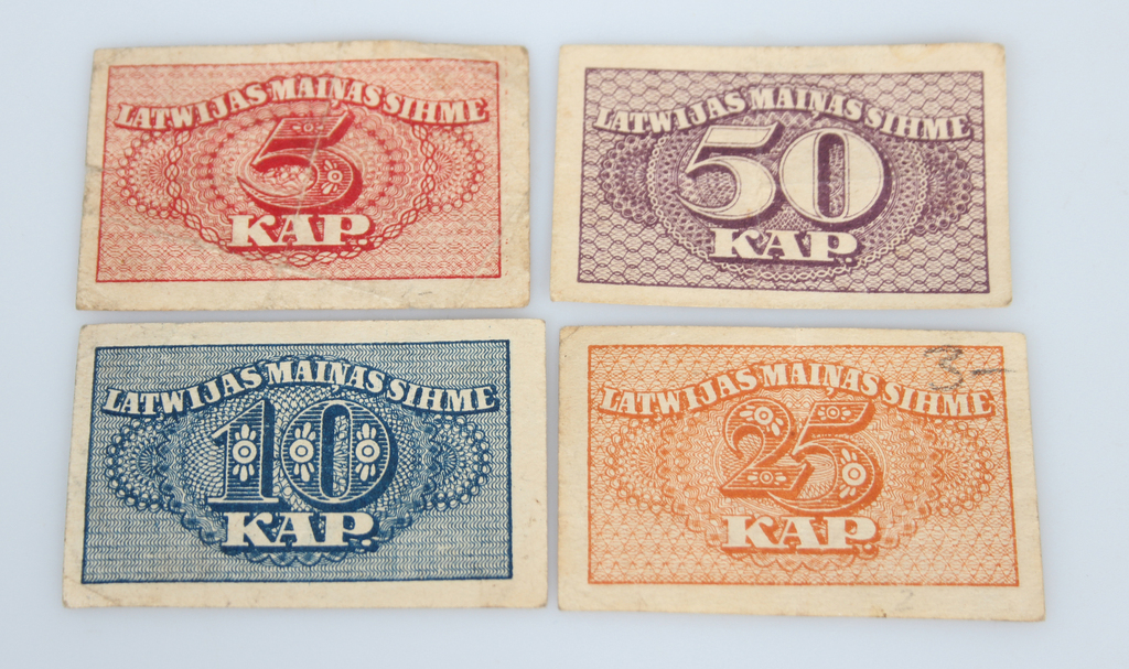 4 Latvian banknotes - 25 kopecks, 5 kopecks, 10 kopecks, 50 kopecks