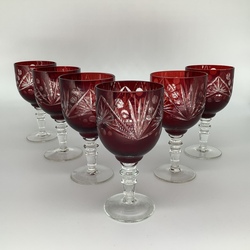 6 wine glasses. Bohemia. Ruby glass, etching, engraving handmade.