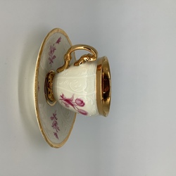Coffee pair, Bourgeois Czechoslovakia. hand-painted, relief ornament, gold stroke.