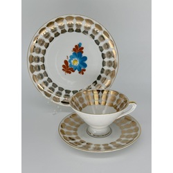 Kafijas pāris un kūkas šķīvis. Ar rokām apgleznoti un Vācija. Art Deco 60. gadi