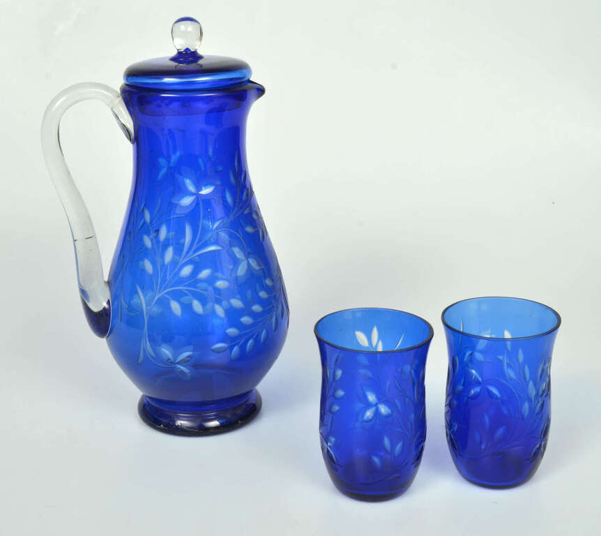Cobalt glass decanter and two glasses