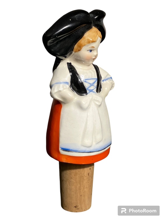 bottle porcelain cap peasant woman in folk dress, France H-11CM