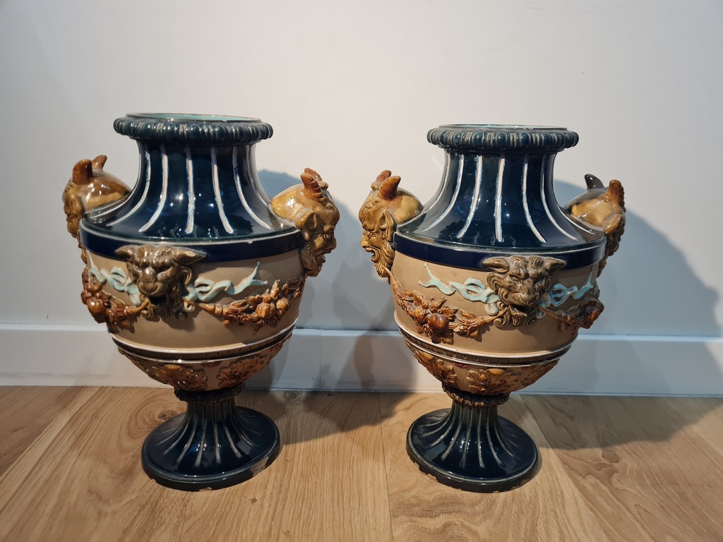 Wilhelm Schiller & Sohn Pair of majolica vases with demon motifs