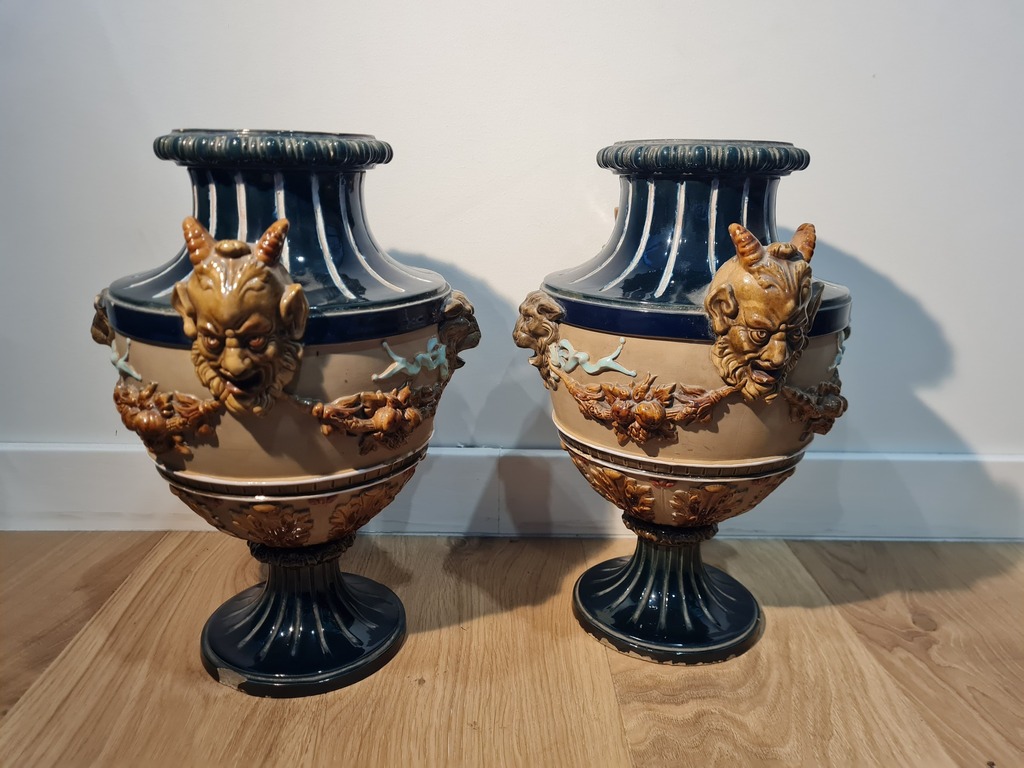 Wilhelm Schiller & Sohn Pair of majolica vases with demon motifs