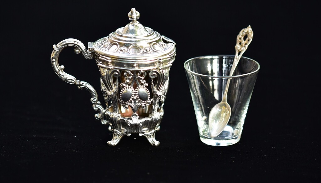 Silver spice (mustard) dish with spoon