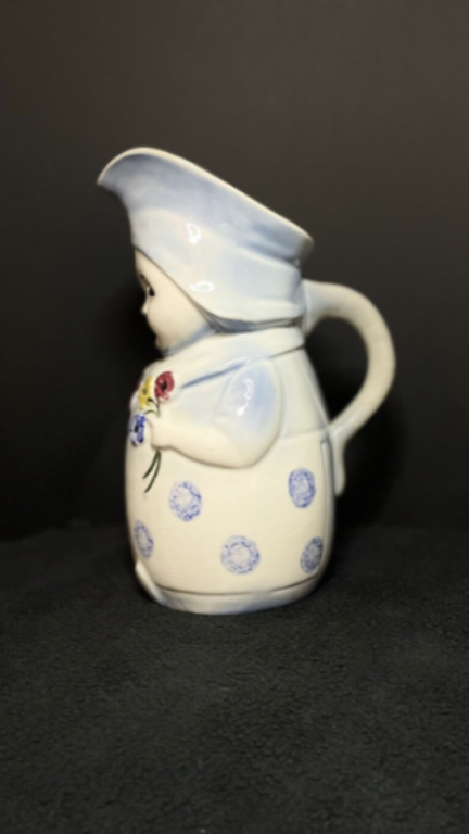 porcelain jug Annele with flowers in a light blue dress, handmade, USA, h-21.5cm