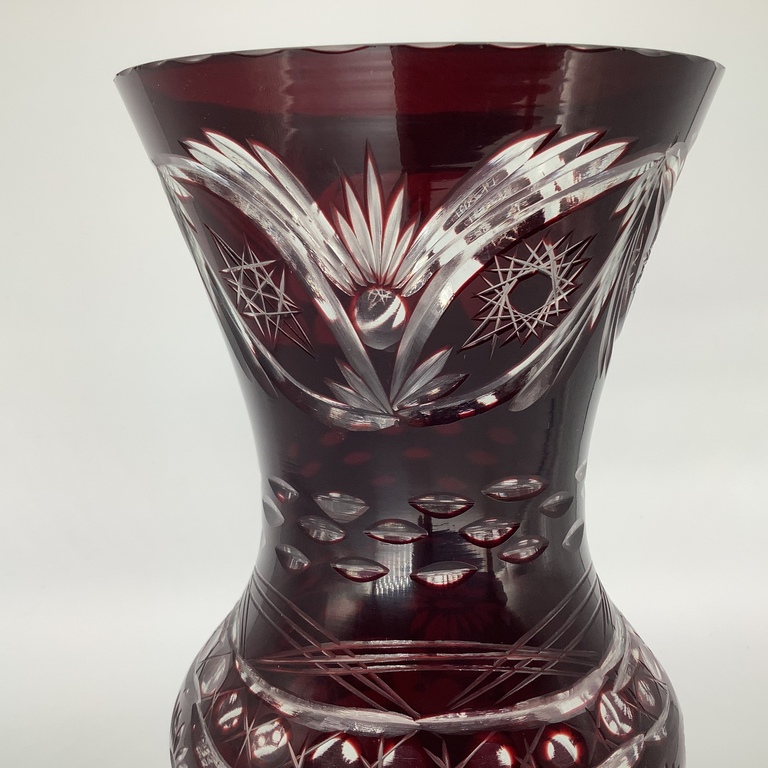 Crystal vase. Ruby. Double-layer glass and hand carving. Bohemia. Early last century.