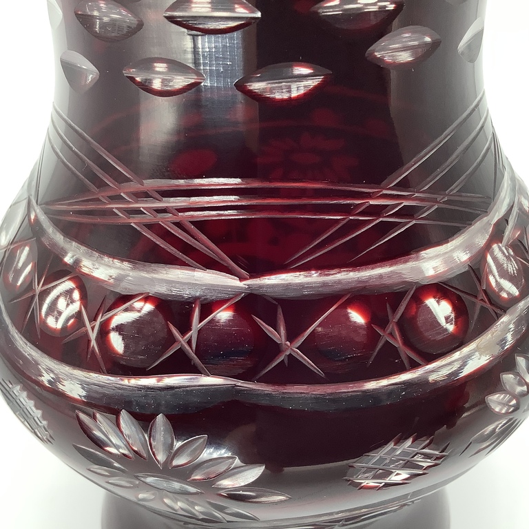 Crystal vase. Ruby. Double-layer glass and hand carving. Bohemia. Early last century.