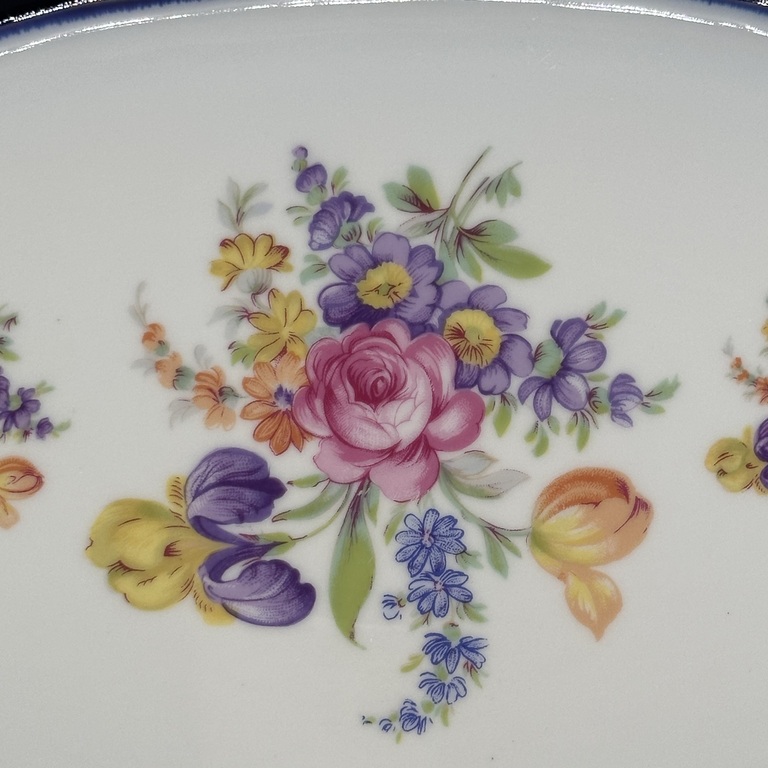 Oval dish with cobalt edging and hand-painted.Rose Garden.Bohemia