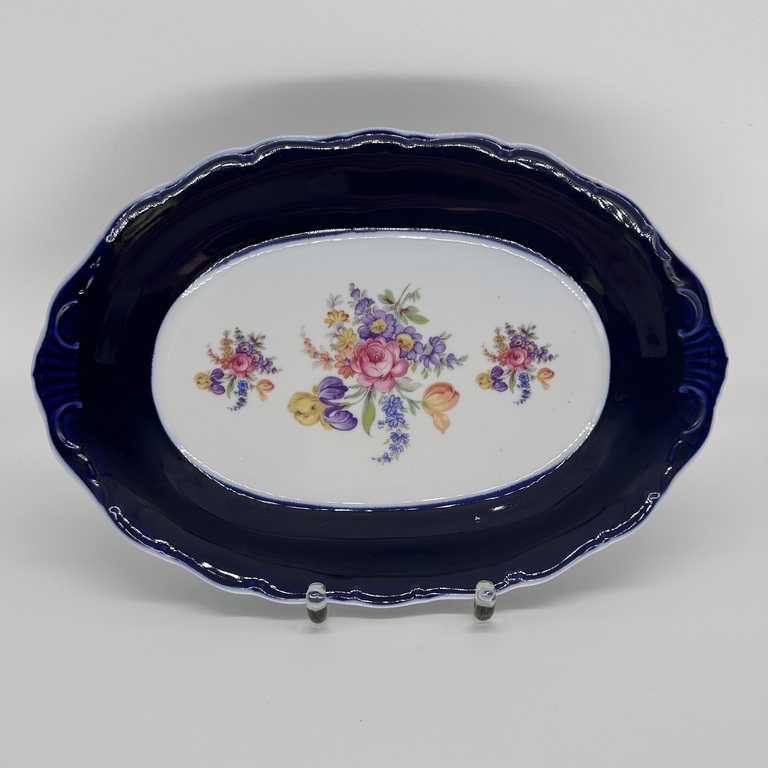 Oval dish with cobalt edging and hand-painted.Rose Garden.Bohemia