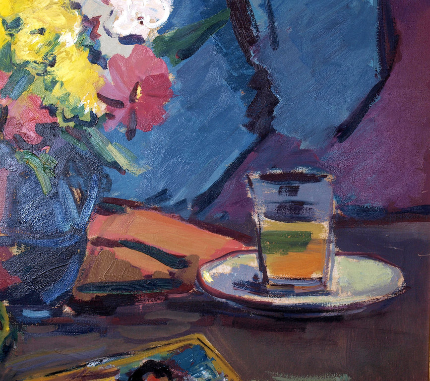 Still life with flowers and books