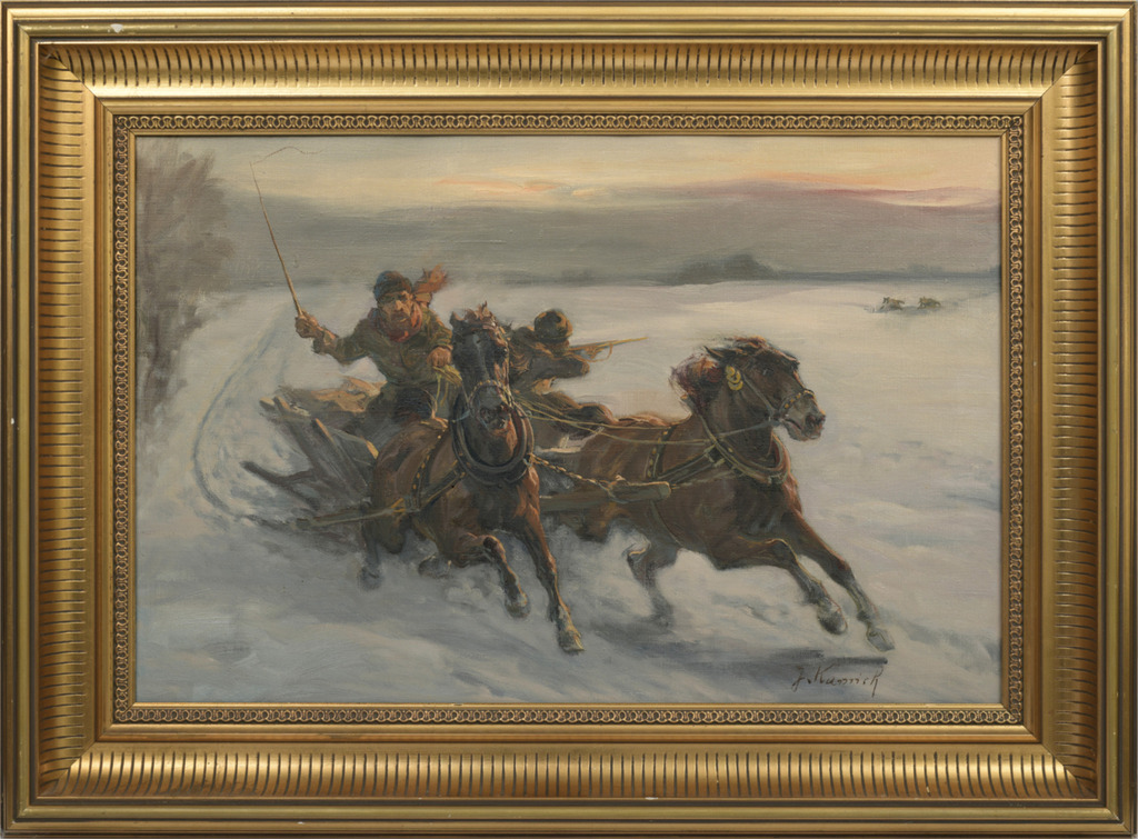Зимний пейзаж с санями, запряженными лошадьми