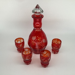 Ruby glass decanter and 4 shot glasses. Hand polished. Neman factory, pre-war.