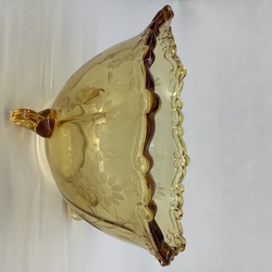 Fruit vase made of amber glass. Openwork edge and hand carving. Latvia, old. Glass container factory
