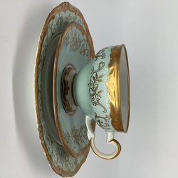 Tea pair and cake plate. Weimar Republic. Pre-war. Hand-painted and gold edging.