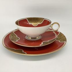 Shaubachkunst Tea pair and cake plate. Art Deco. Hand-painted and gold-plated.