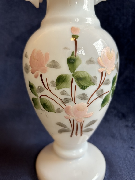 Russia. Milk damp glass. Vase with lace top. Painting with enamels