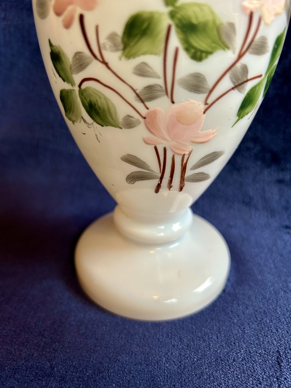 Russia. Milk damp glass. Vase with lace top. Painting with enamels