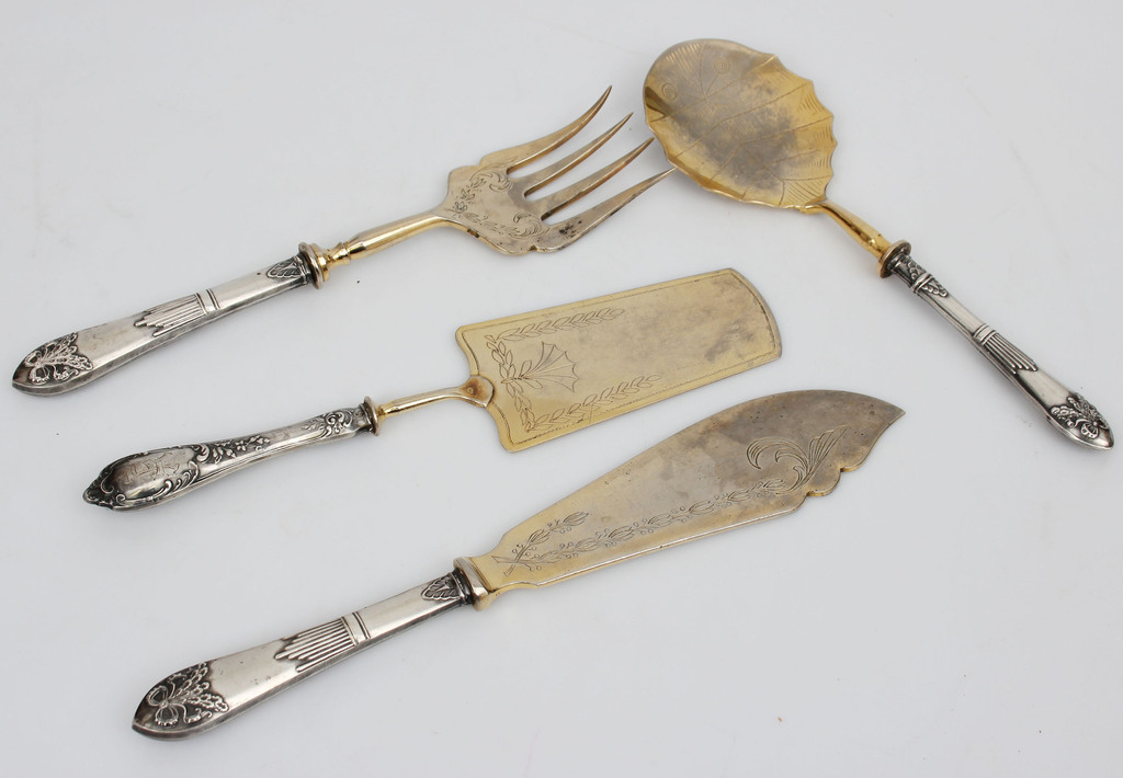 Silver cutlery set - salad spoon, roasting fork, knife, cake spatula
