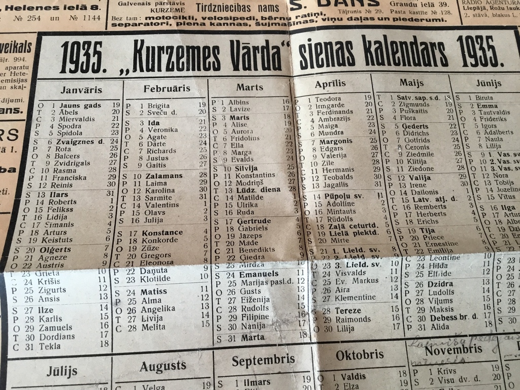 1935. gada sienas kalendārs