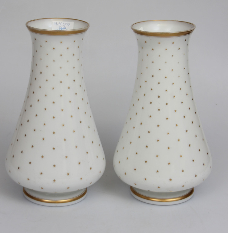 White glass vases with gilding 2 pcs.