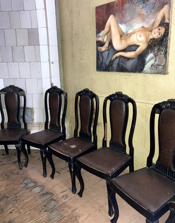 Latvian period armchairs made by hand from oak wood and embroidery 1930s Riga