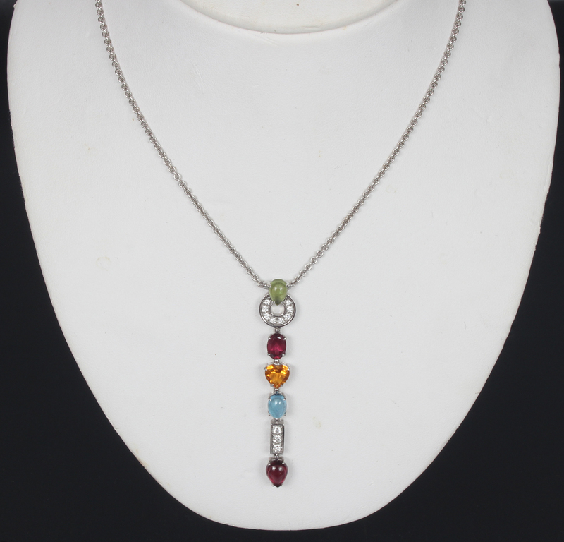 Necklace and earrings with diamonds, citrite, garnet, peridot, topaz