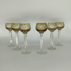 6 crystal glasses on a long stem. Handmade by a master, Bohemia 30s.