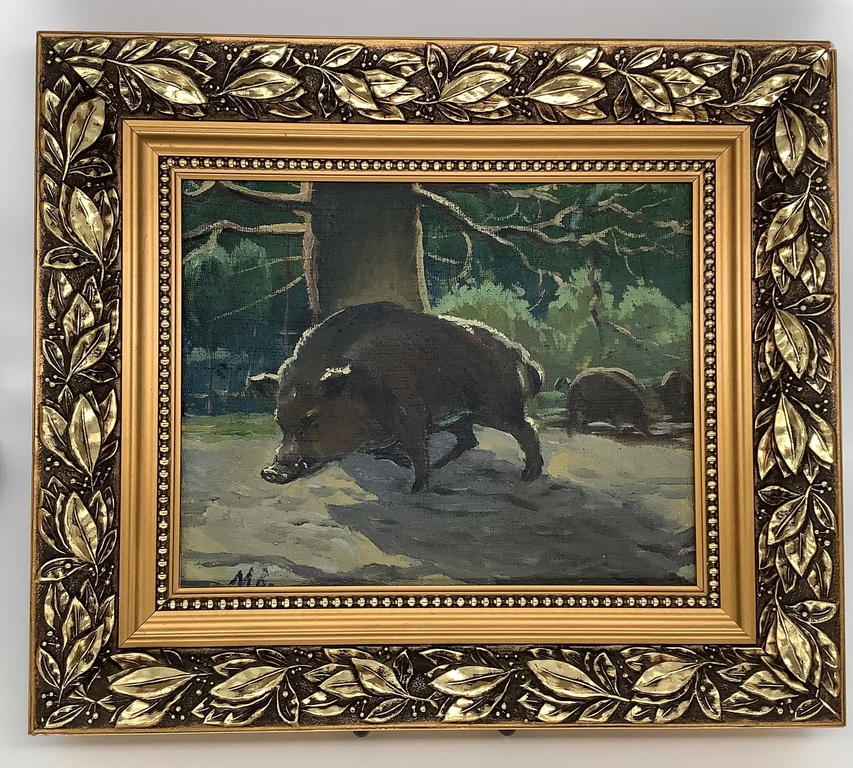 Картина «Дикие Кабаны на опушке леса» подпись автора.Масло.Старинная,деревянная рама ручной работы с бронзовыми элементами
