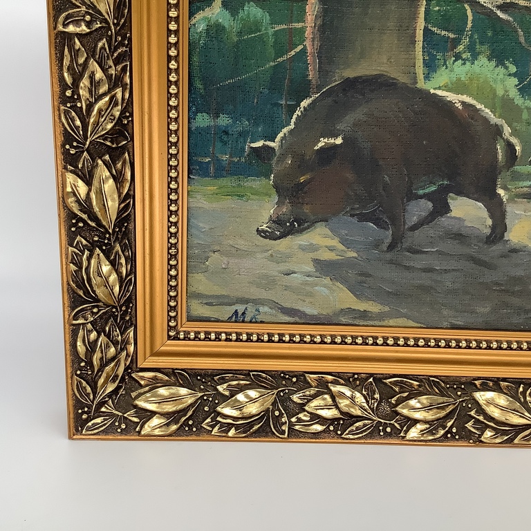 Картина «Дикие Кабаны на опушке леса» подпись автора.Масло.Старинная,деревянная рама ручной работы с бронзовыми элементами