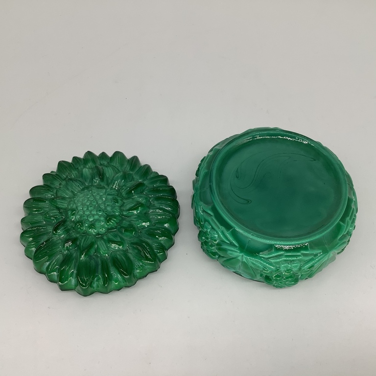 Malachite glass box. Bohemia 1930. For decorations on a woman's table.